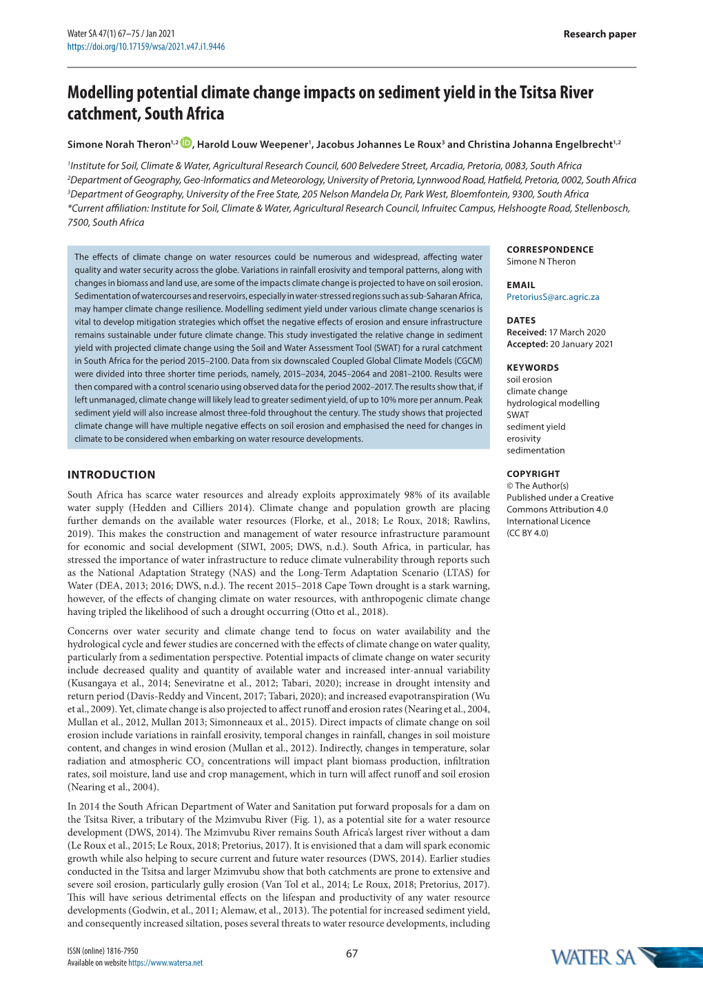 Modelling Potential Climate Change Impacts on Sediment Yield in the Tsitsa River Catchment, South Africa