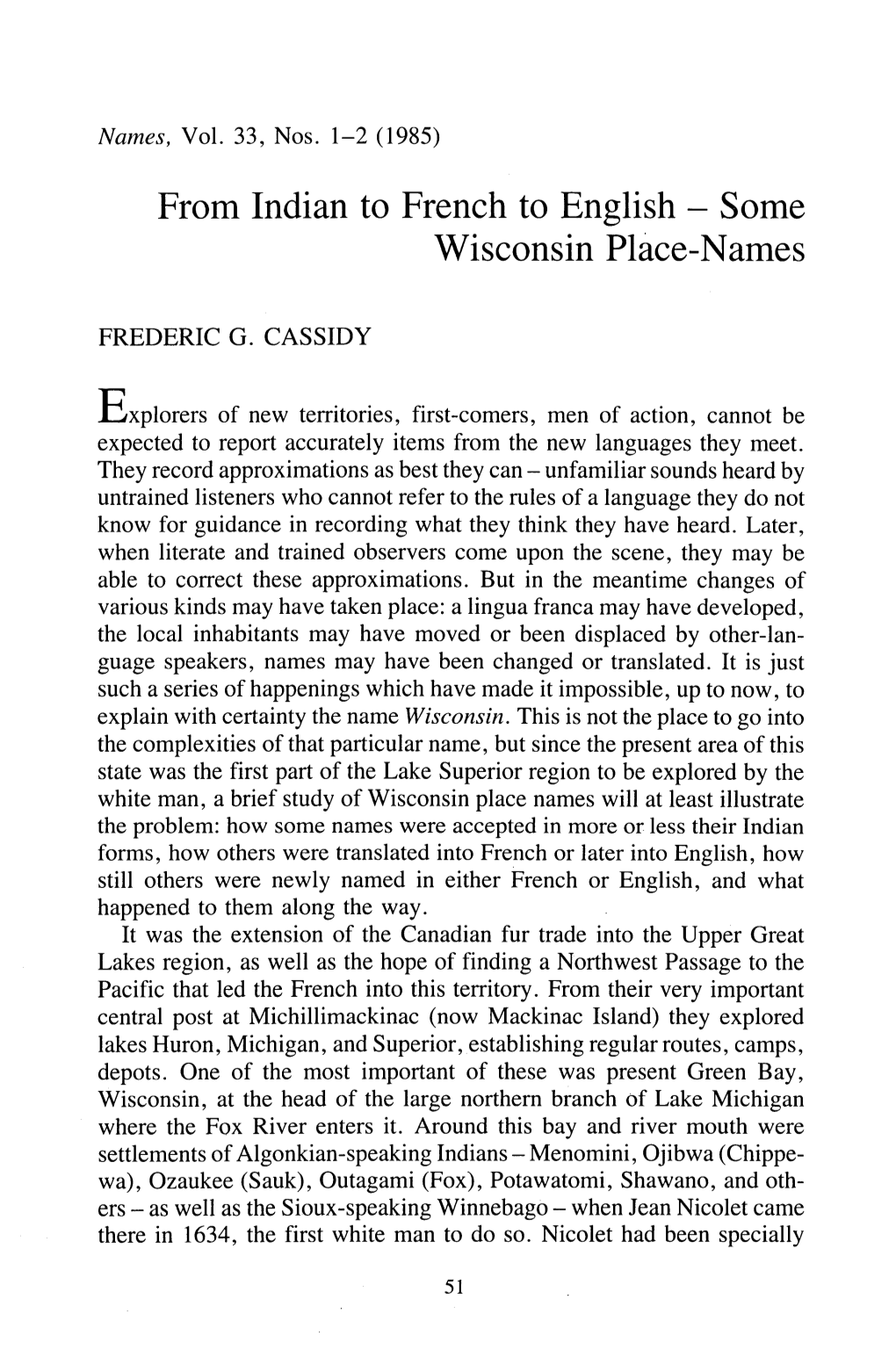 From Indian to French to English ÂŠ Some Wisconsin Placeâœnames