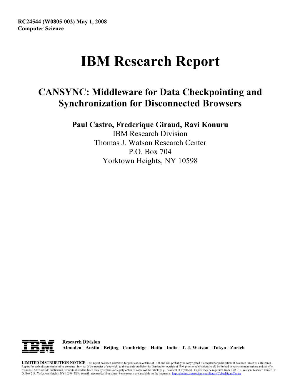 IBM Research Report CANSYNC: Middleware for Data Checkpointing