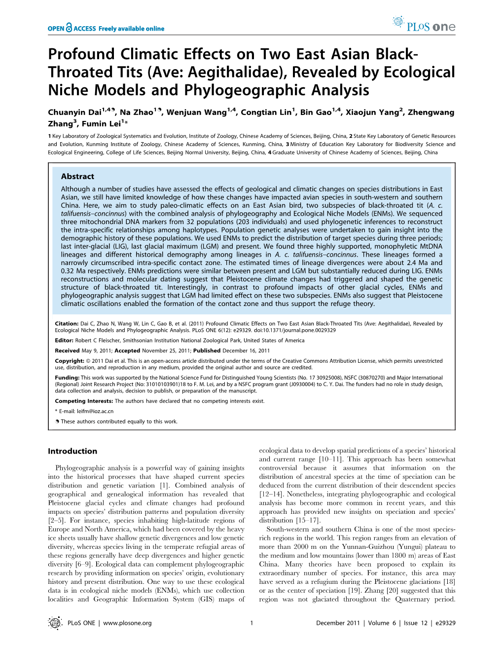 Profound Climatic Effects on Two East Asian Black- Throated Tits (Ave: Aegithalidae), Revealed by Ecological Niche Models and Phylogeographic Analysis