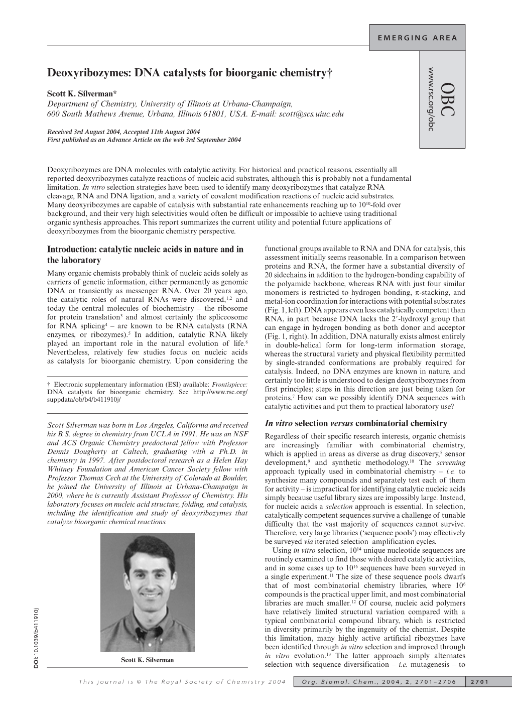 Deoxyribozymes That That Deoxyribozymes Catalyze Bioorganic of Chemical Reactions