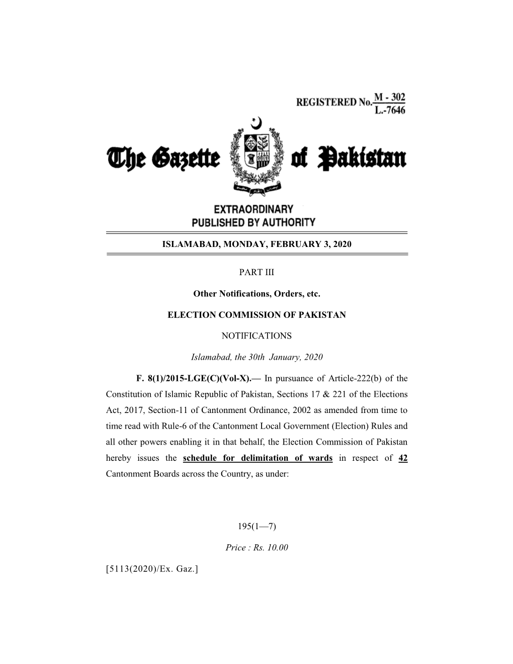 Part Iii] the Gazette of Pakistan, Extra., February 3, 2020 (1)195
