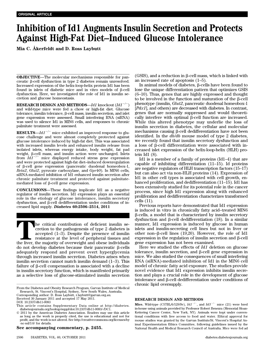 Inhibition of Id1 Augments Insulin Secretion and Protects Against High-Fat Diet–Induced Glucose Intolerance Mia C