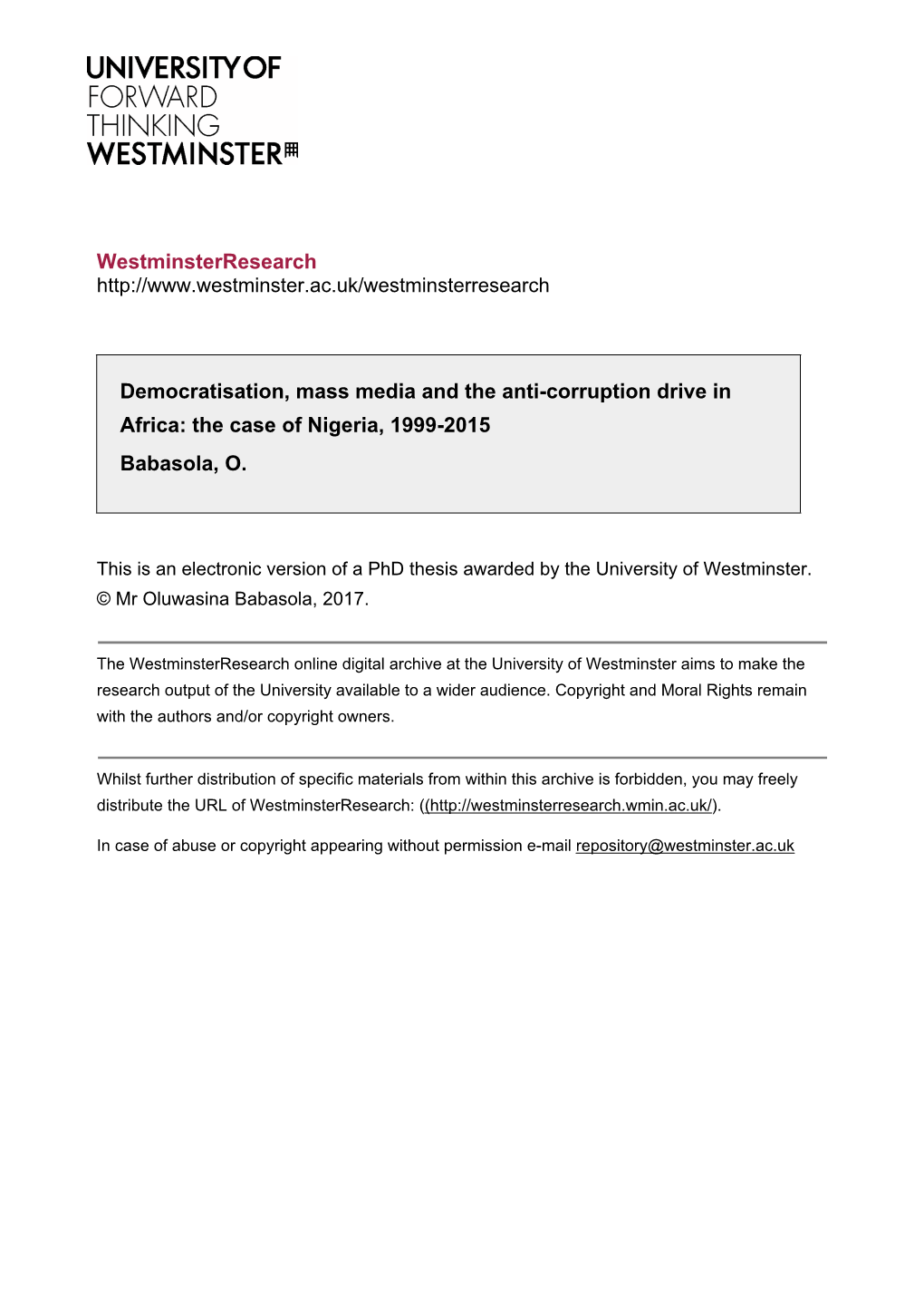 The Case of Nigeria, 1999-2015 Babasola, O