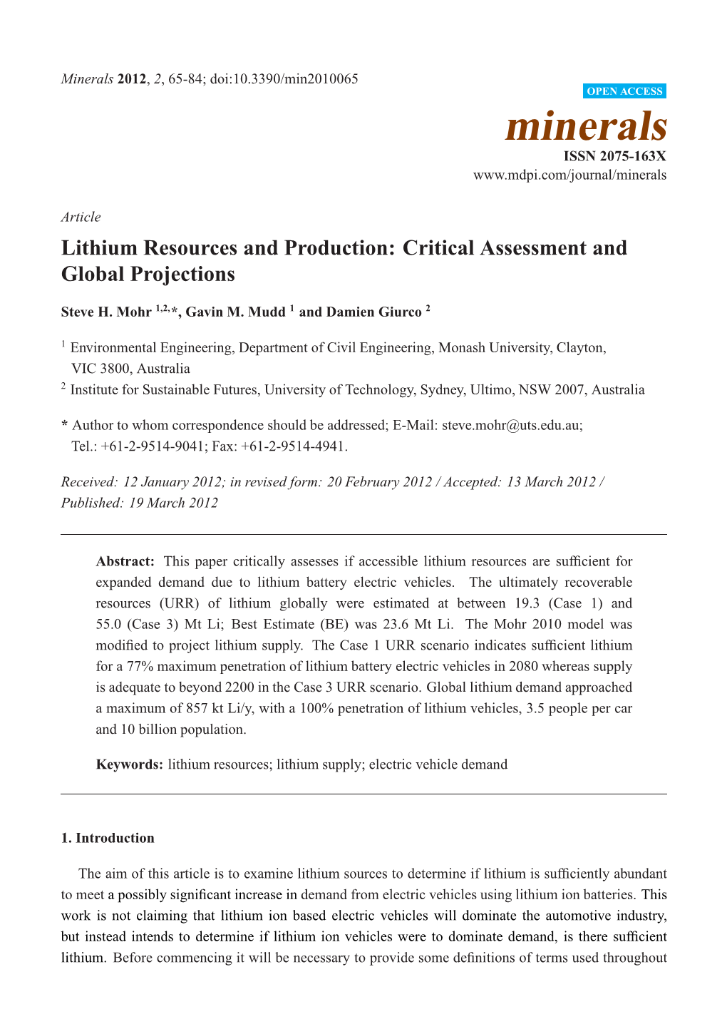 Lithium Resources and Production: Critical Assessment and Global Projections