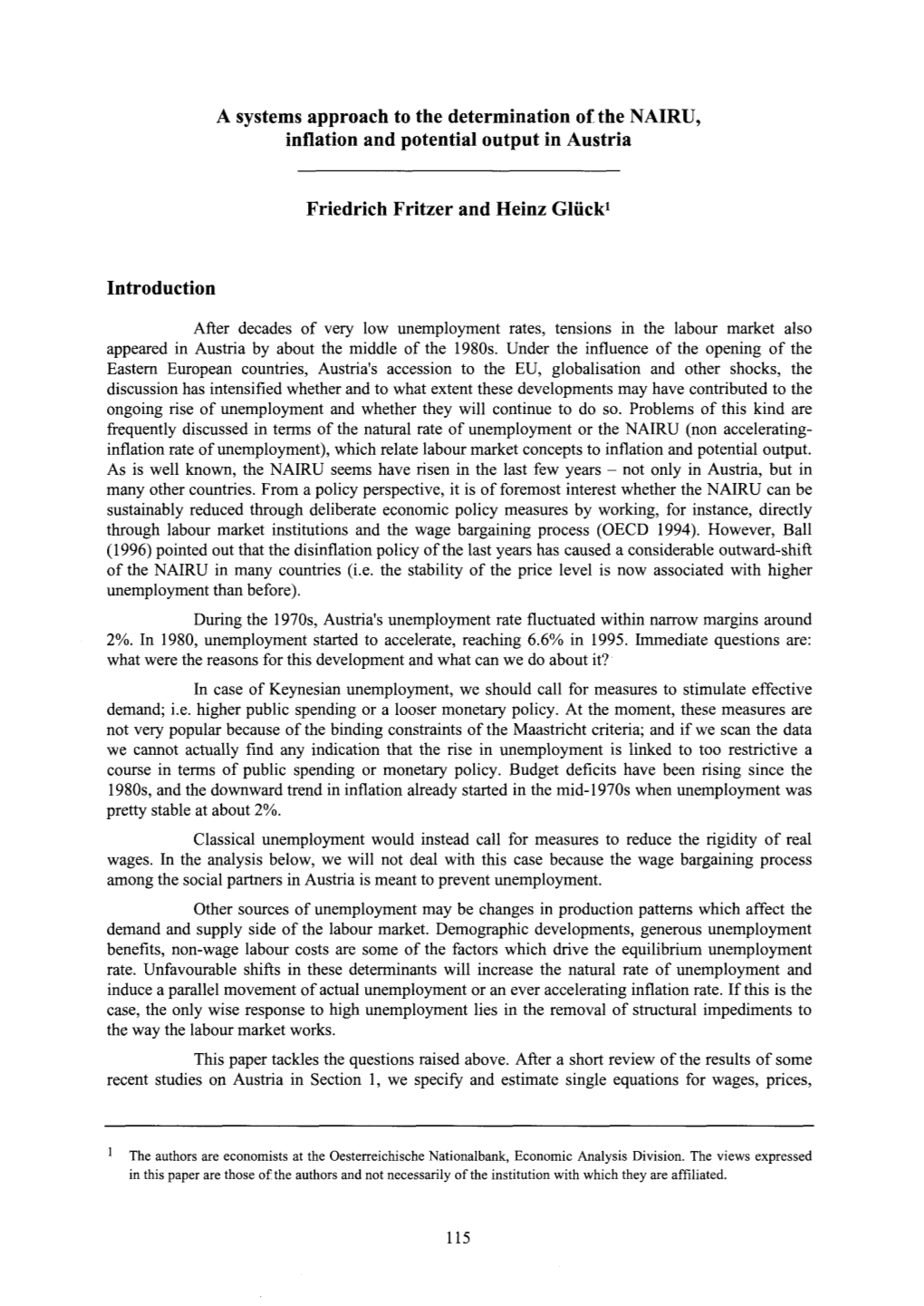 A Systems Approach to the Determination of the NAIRU, Inflation and Potential Output in Austria