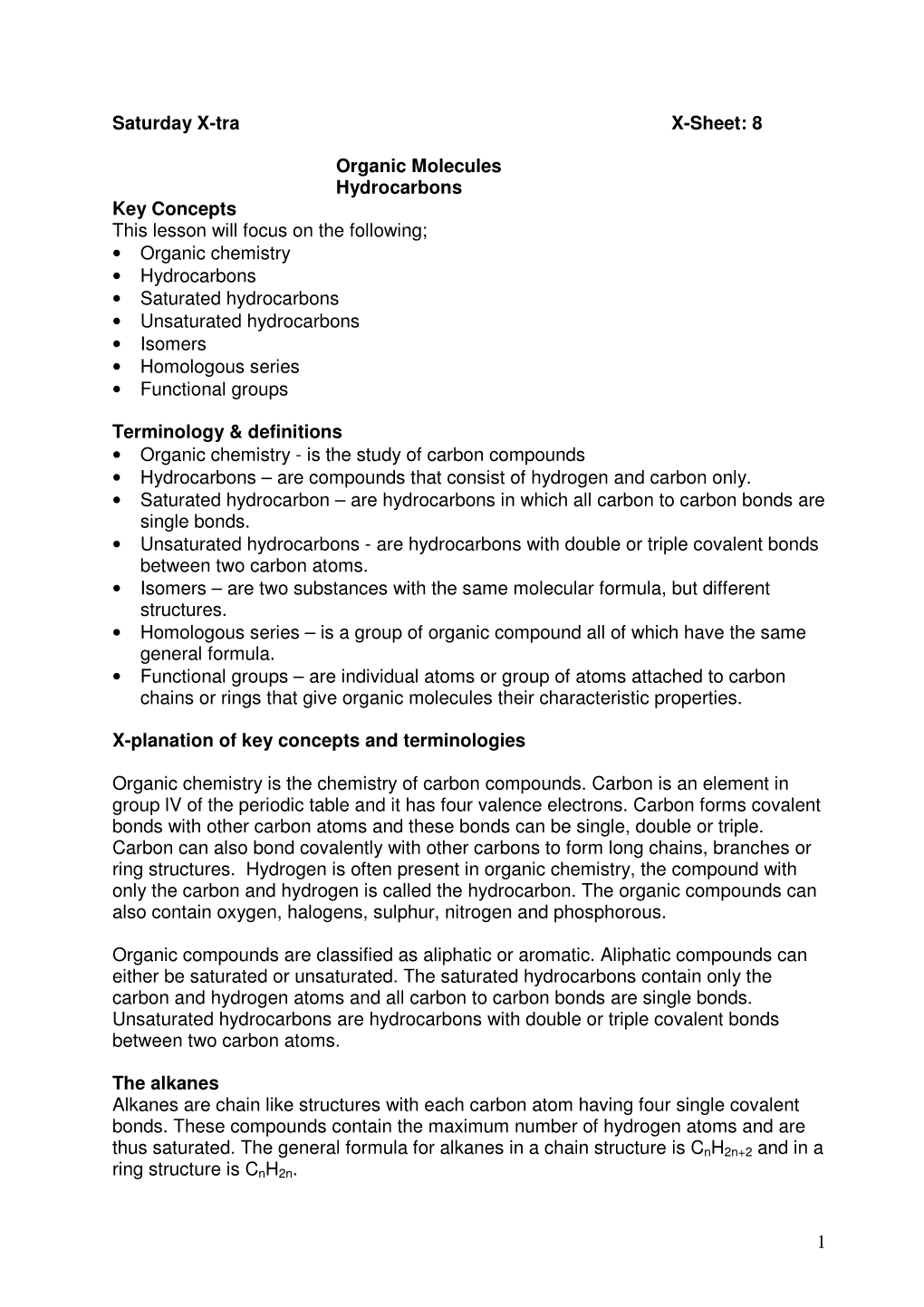 8 Organic Molecules Hydrocarbons Key Concepts This