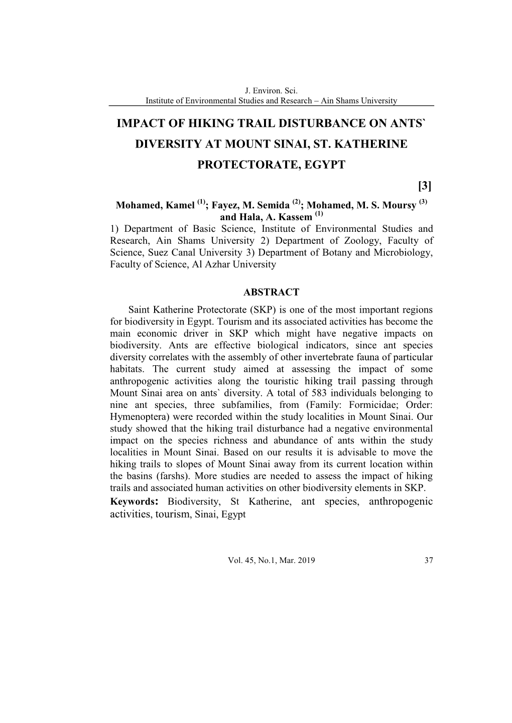 Impact of Hiking Trail Disturbance on Ants` Diversity at Mount Sinai, St