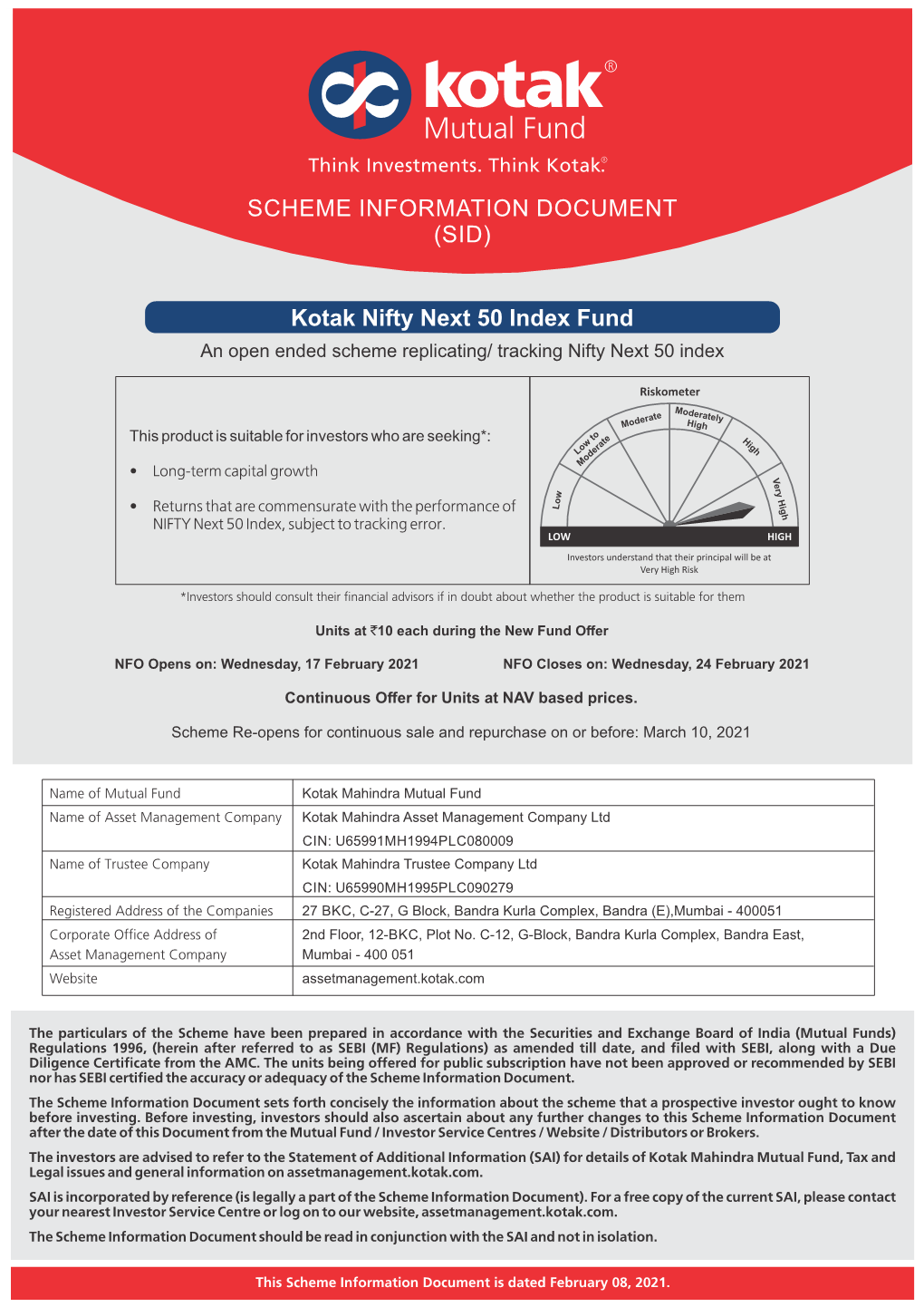 Kotak Nifty Next 50 Index Fund SCHEME INFORMATION DOCUMENT (SID)