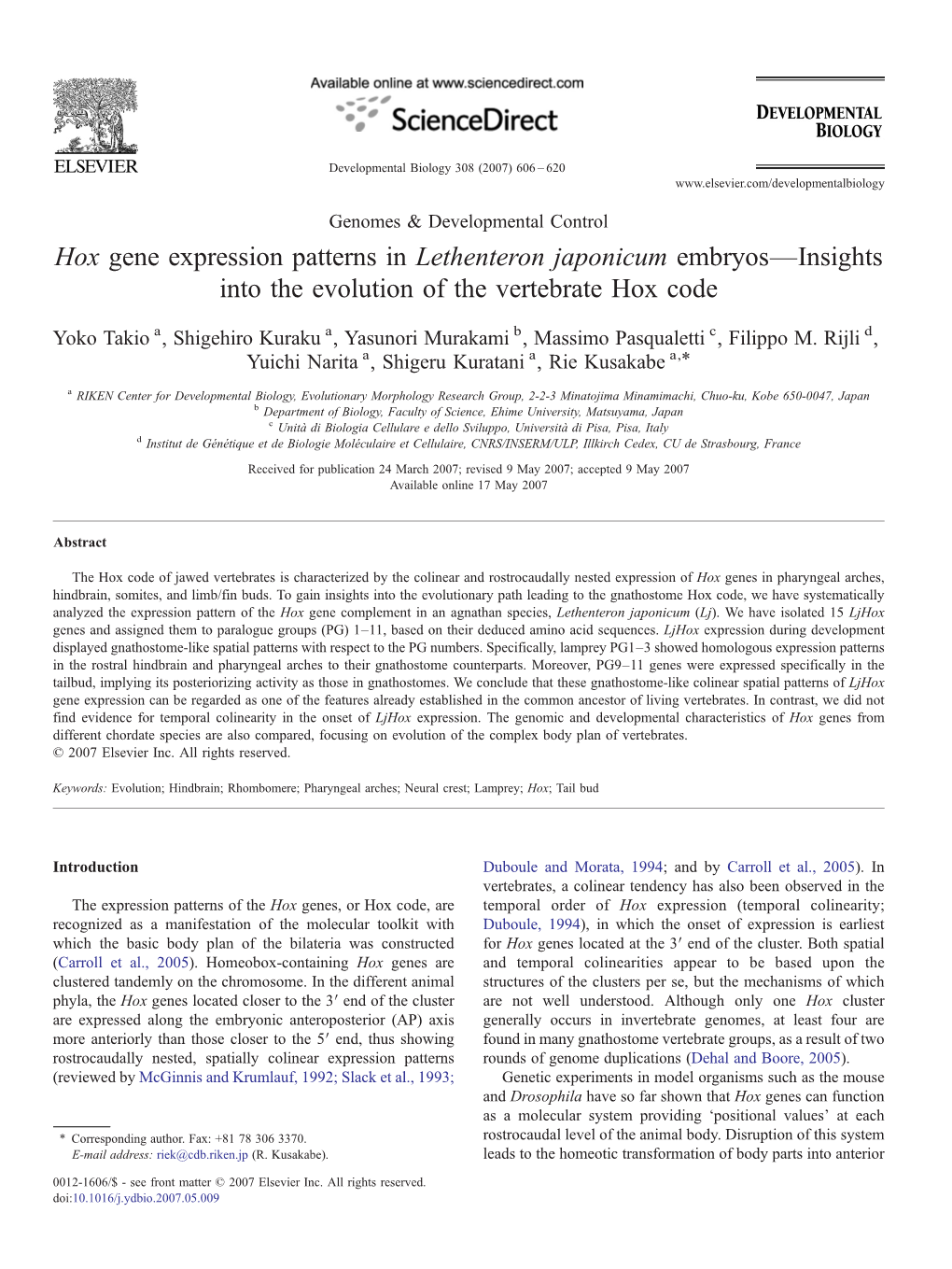 Hox Gene Expression Patterns in Lethenteron Japonicum Embryos—Insights Into the Evolution of the Vertebrate Hox Code