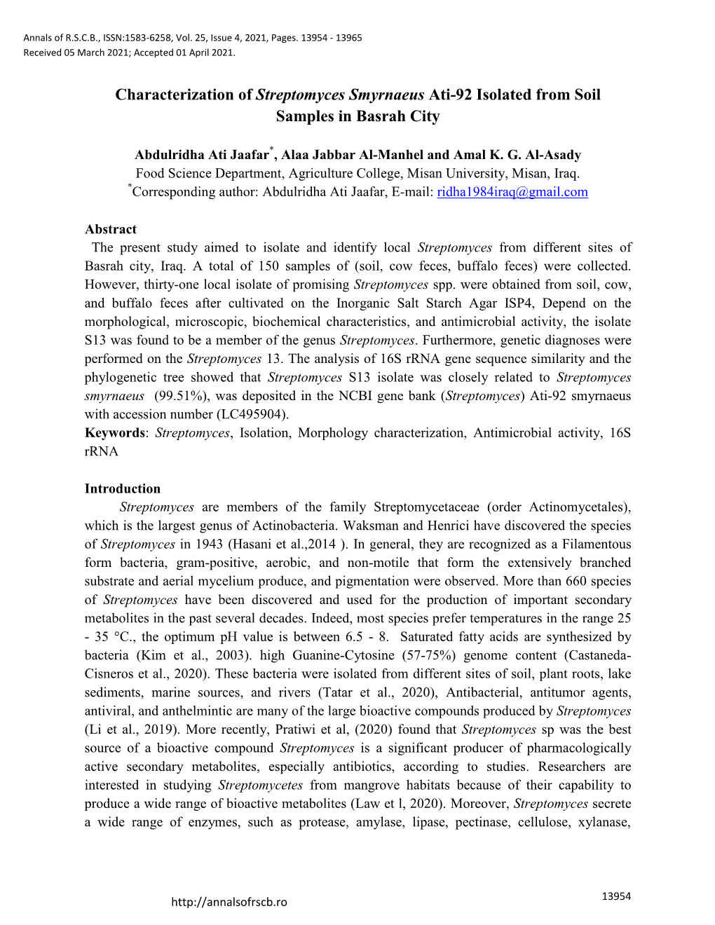 Characterization of Streptomyces Smyrnaeus Ati-92 Isolated from Soil Samples in Basrah City