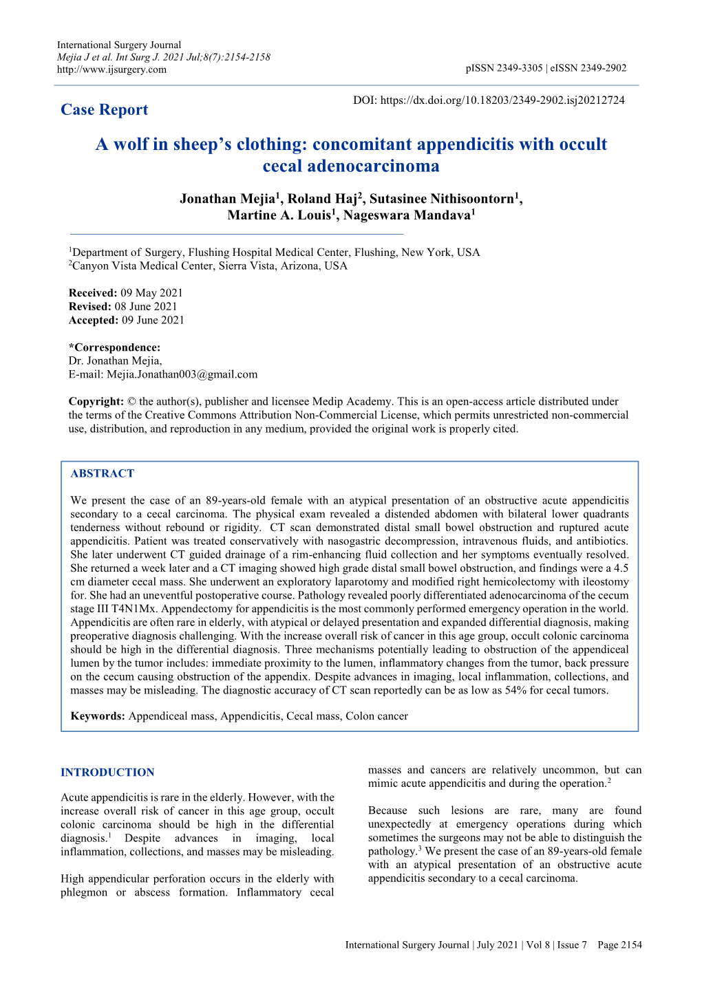 Concomitant Appendicitis with Occult Cecal Adenocarcinoma