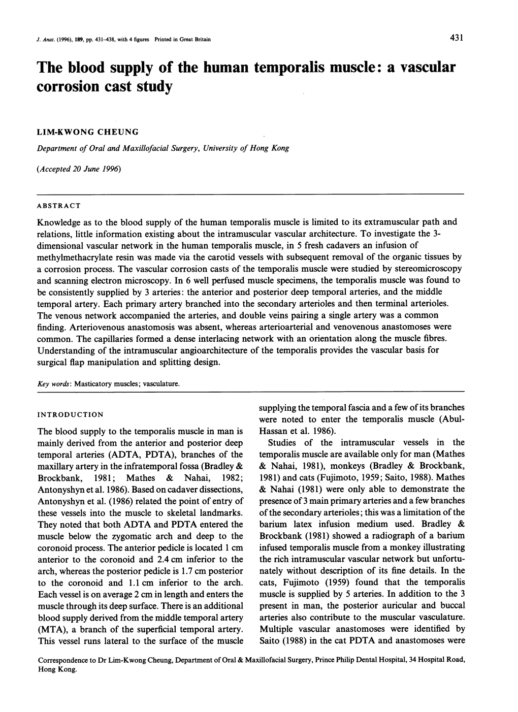 The Blood Supply of the Human Temporalis Muscle: a Vascular Corrosion Cast Study