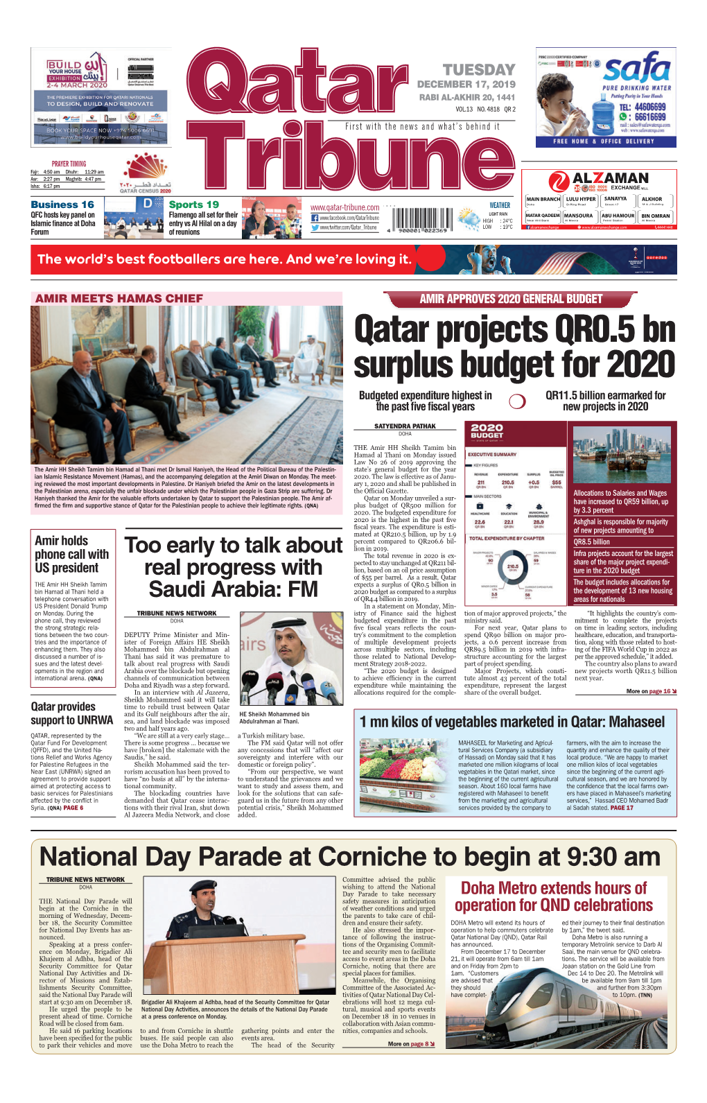 Qatar Projects QR0.5 Bn Surplus Budget for 2020 Budgeted Expenditure Highest in QR11.5 Billion Earmarked for the Past Five Fiscal Years New Projects in 2020