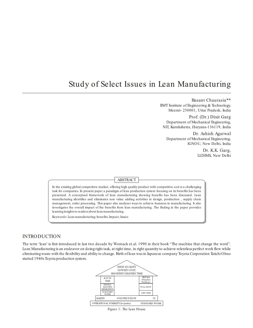 Study of Select Issues in Lean Manufacturing