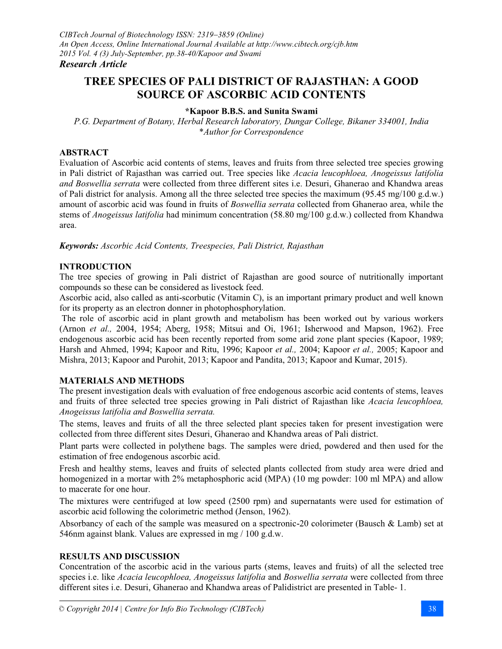 TREE SPECIES of PALI DISTRICT of RAJASTHAN: a GOOD SOURCE of ASCORBIC ACID CONTENTS *Kapoor B.B.S