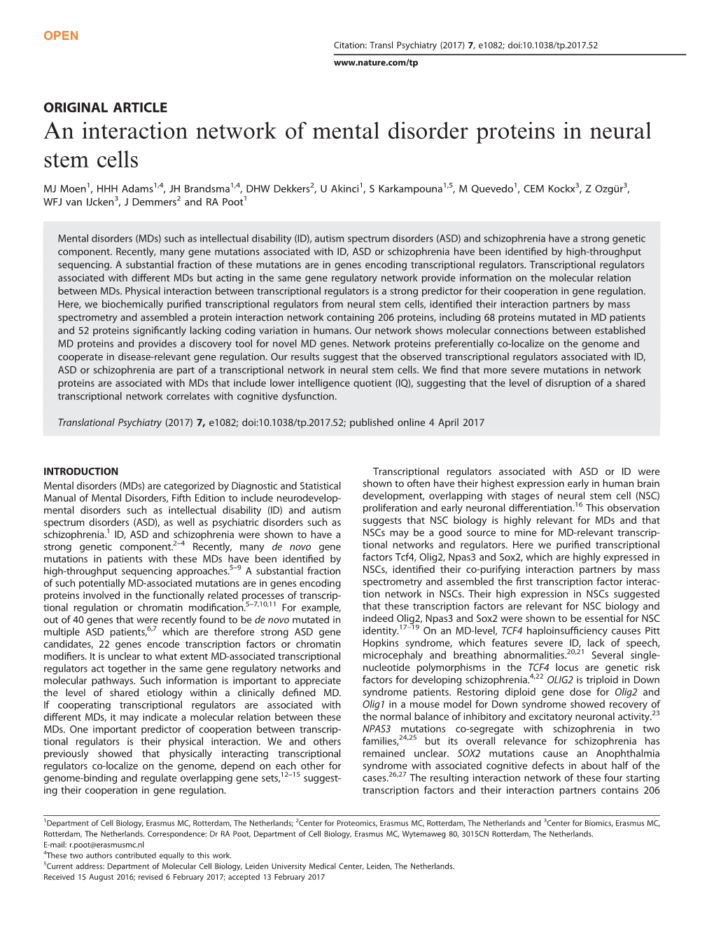 An Interaction Network of Mental Disorder Proteins in Neural Stem Cells