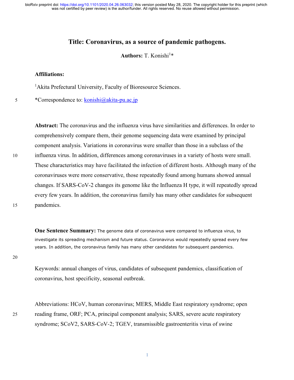 Coronavirus, As a Source of Pandemic Pathogens