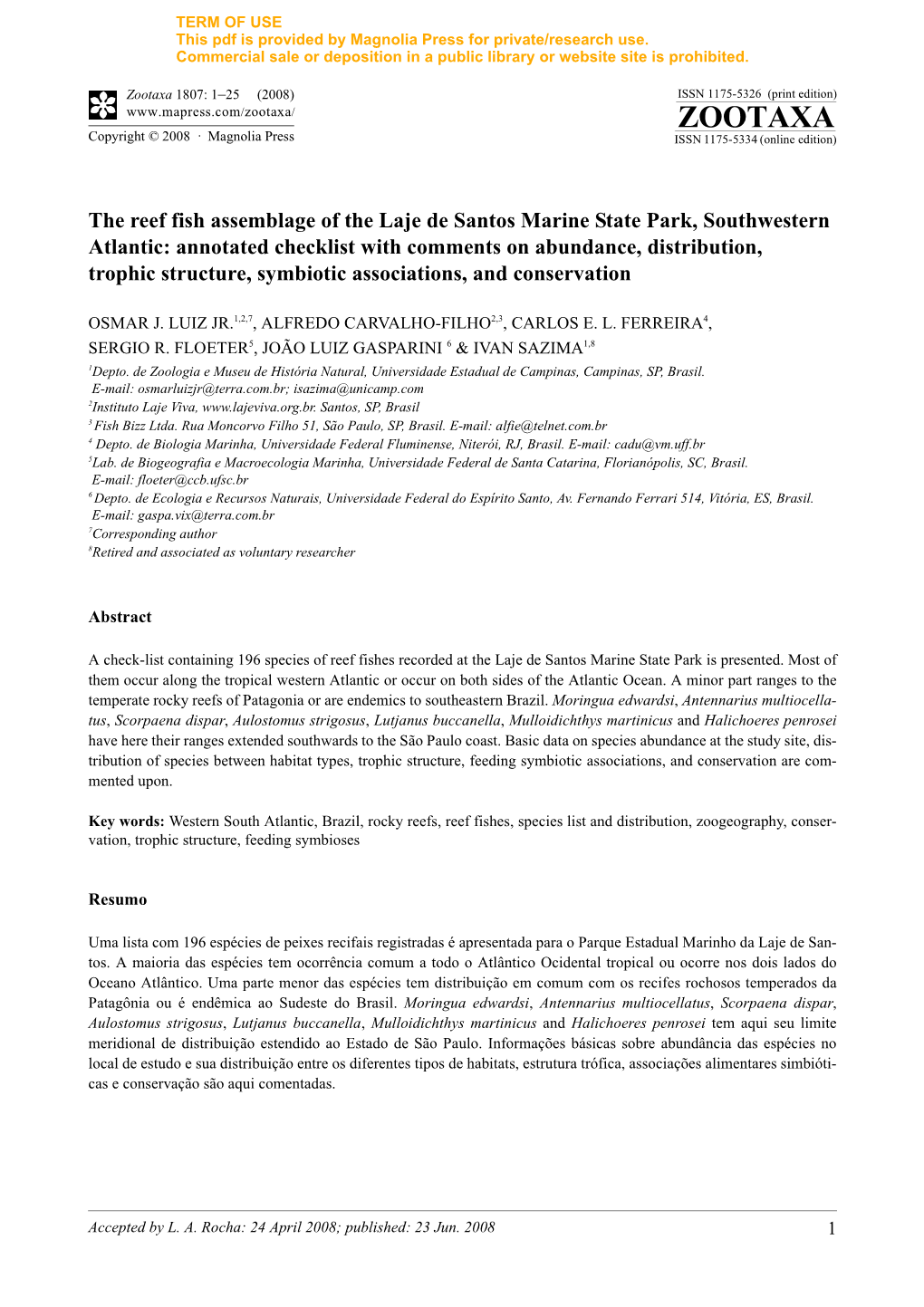 Zootaxa, the Reef Fish Assemblage of the Laje De Santos Marine State Park, Southwestern