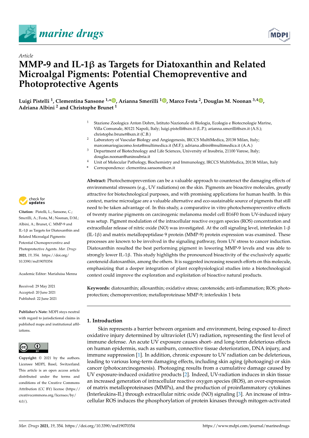 MMP-9 and IL-1 As Targets for Diatoxanthin and Related