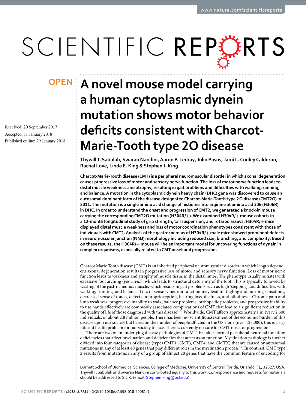 A Novel Mouse Model Carrying a Human Cytoplasmic Dynein Mutation