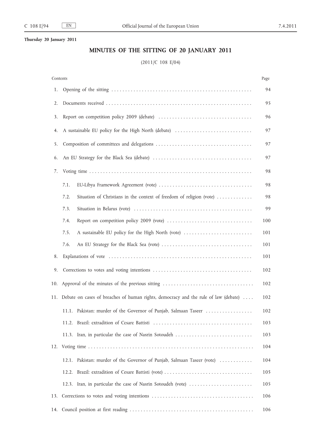 Minutes of the Sitting of 20 January 2011