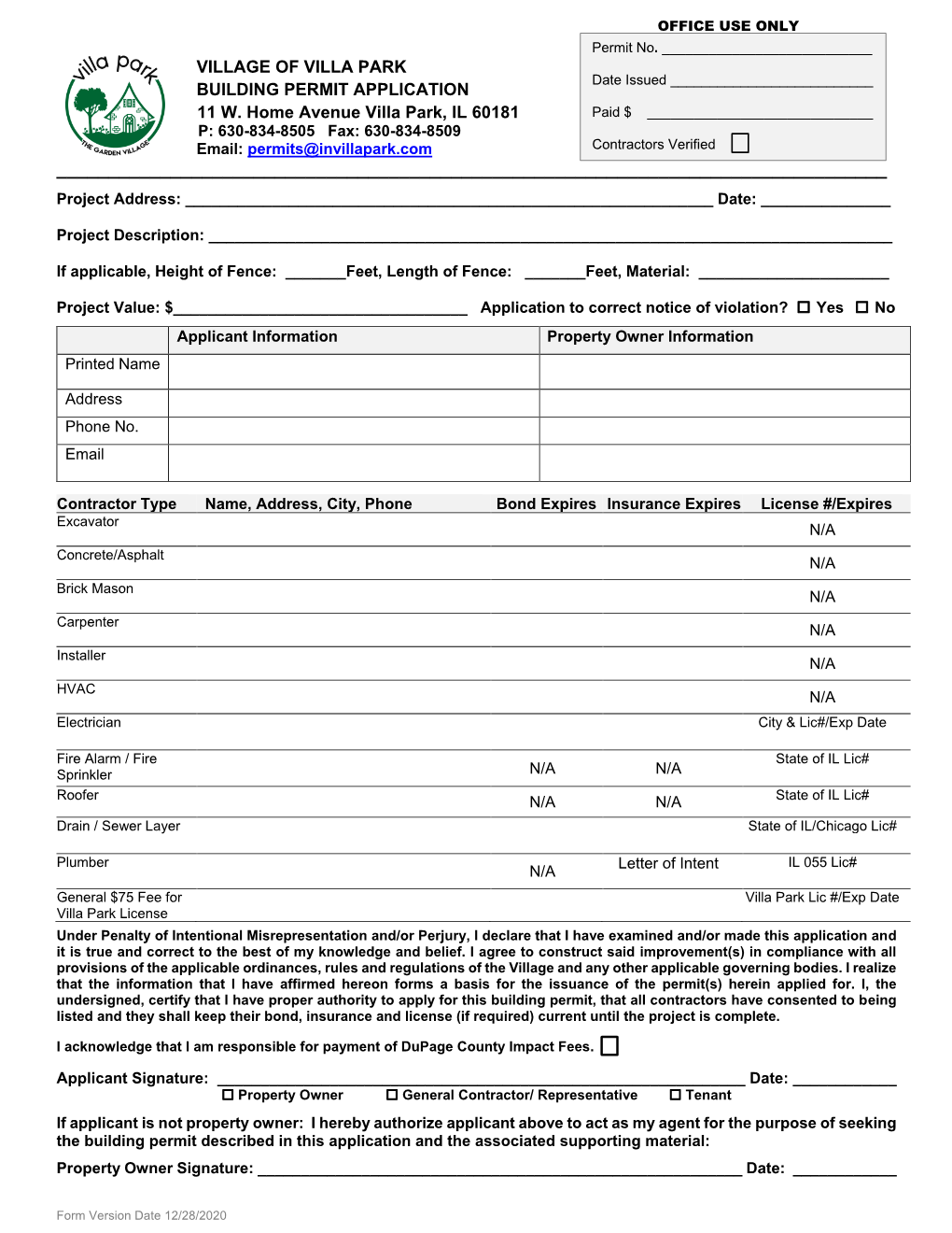 VILLAGE of VILLA PARK BUILDING PERMIT APPLICATION 11 W. Home Avenue Villa Park, IL 60181