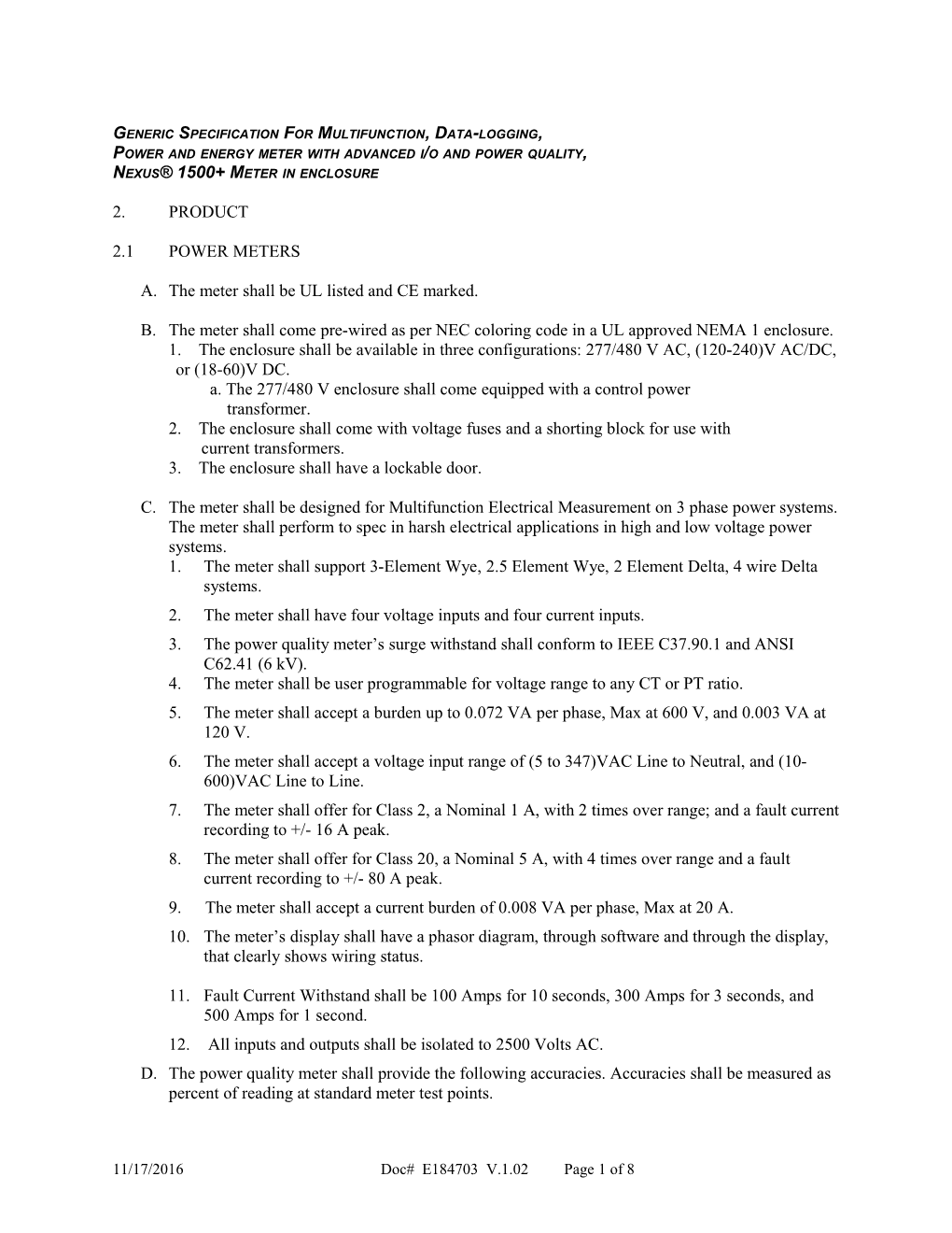 Generic Spec for Multifunction Electrical Power Monitoring with Mass Memory for Historical s1