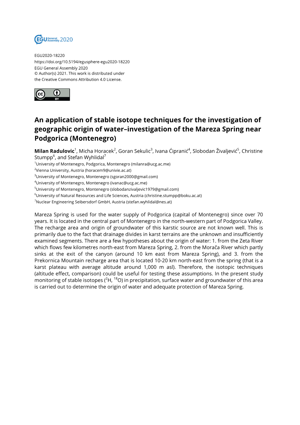 An Application of Stable Isotope Techniques for the Investigation of Geographic Origin of Water–Investigation of the Mareza Spring Near Podgorica (Montenegro)