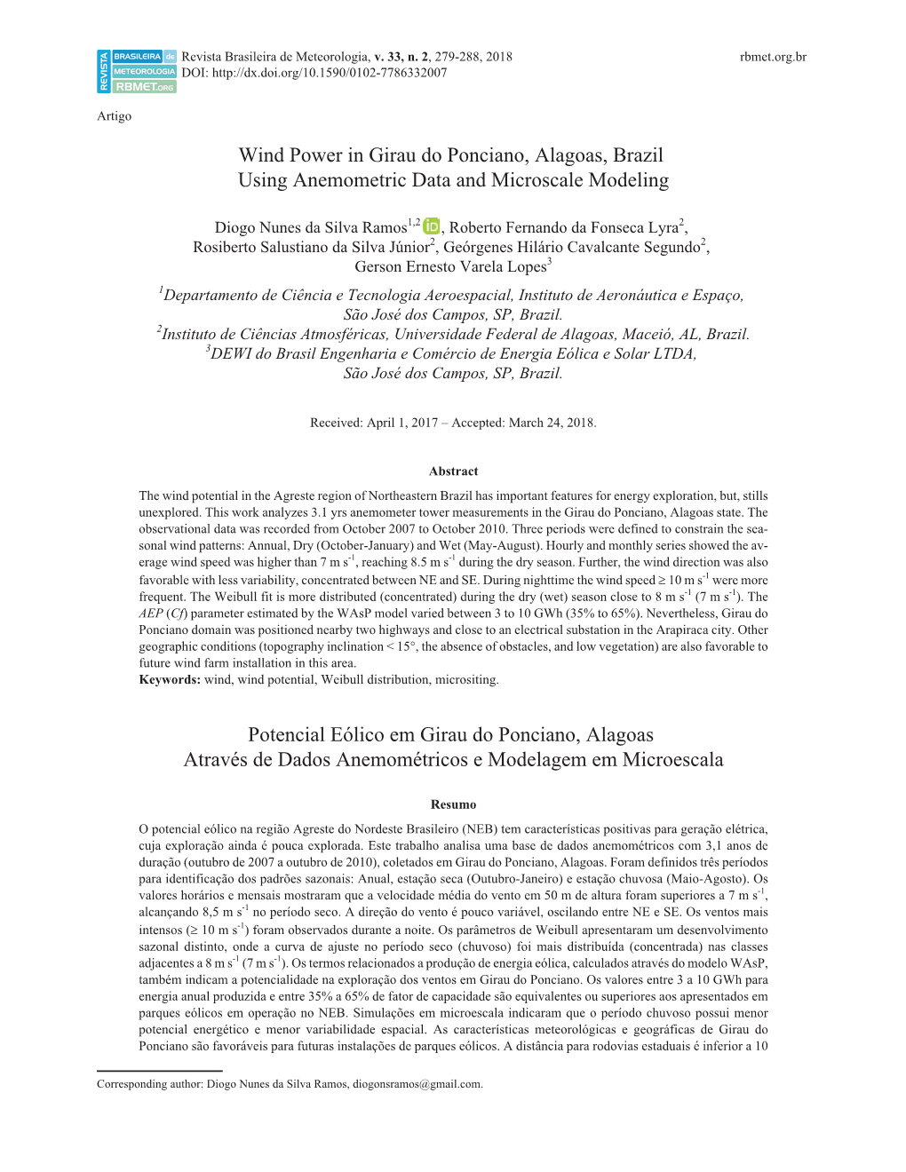 Wind Power in Girau Do Ponciano, Alagoas, Brazil Using Anemometric Data and Microscale Modeling