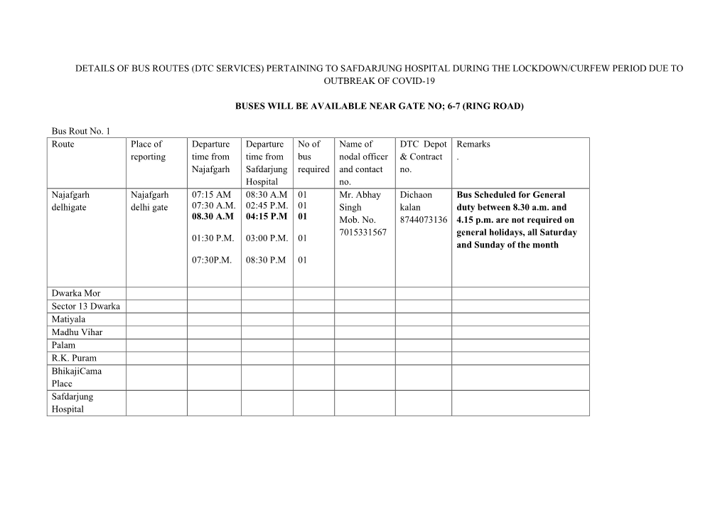 Details of Bus Routes (Dtc Services) Pertaining to Safdarjung Hospital During the Lockdown/Curfew Period Due to Outbreak of Covid-19