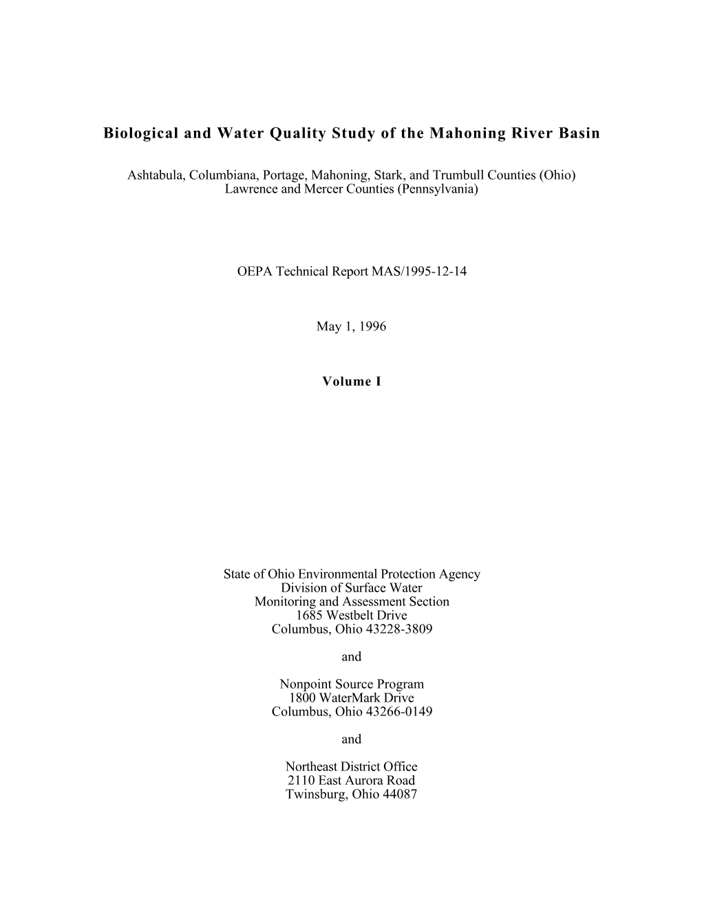 Biological and Water Quality Study of the Mahoning River Basin