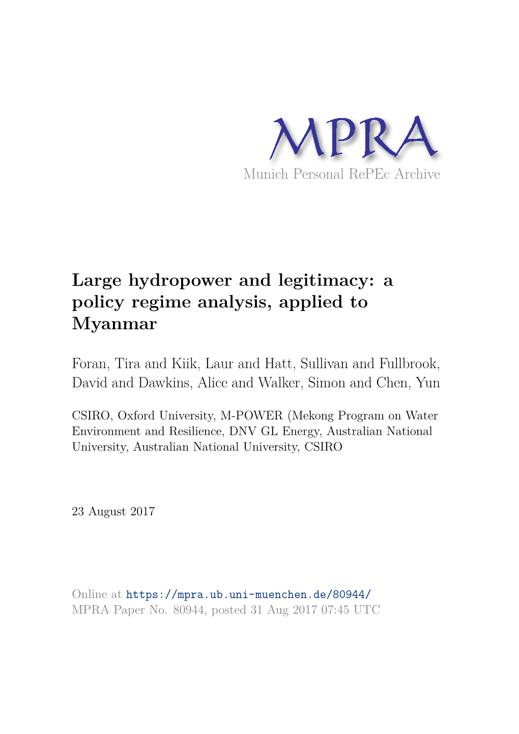 Large Hydropower and Legitimacy: a Policy Regime Analysis, Applied to Myanmar