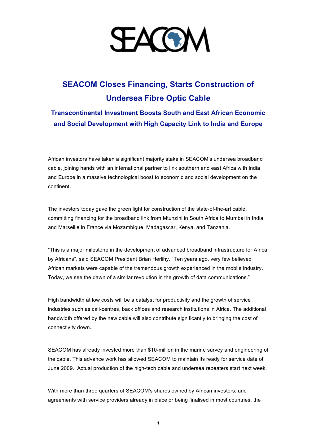 SEACOM Closes Financing, Starts Construction of Undersea Fibre Optic Cable