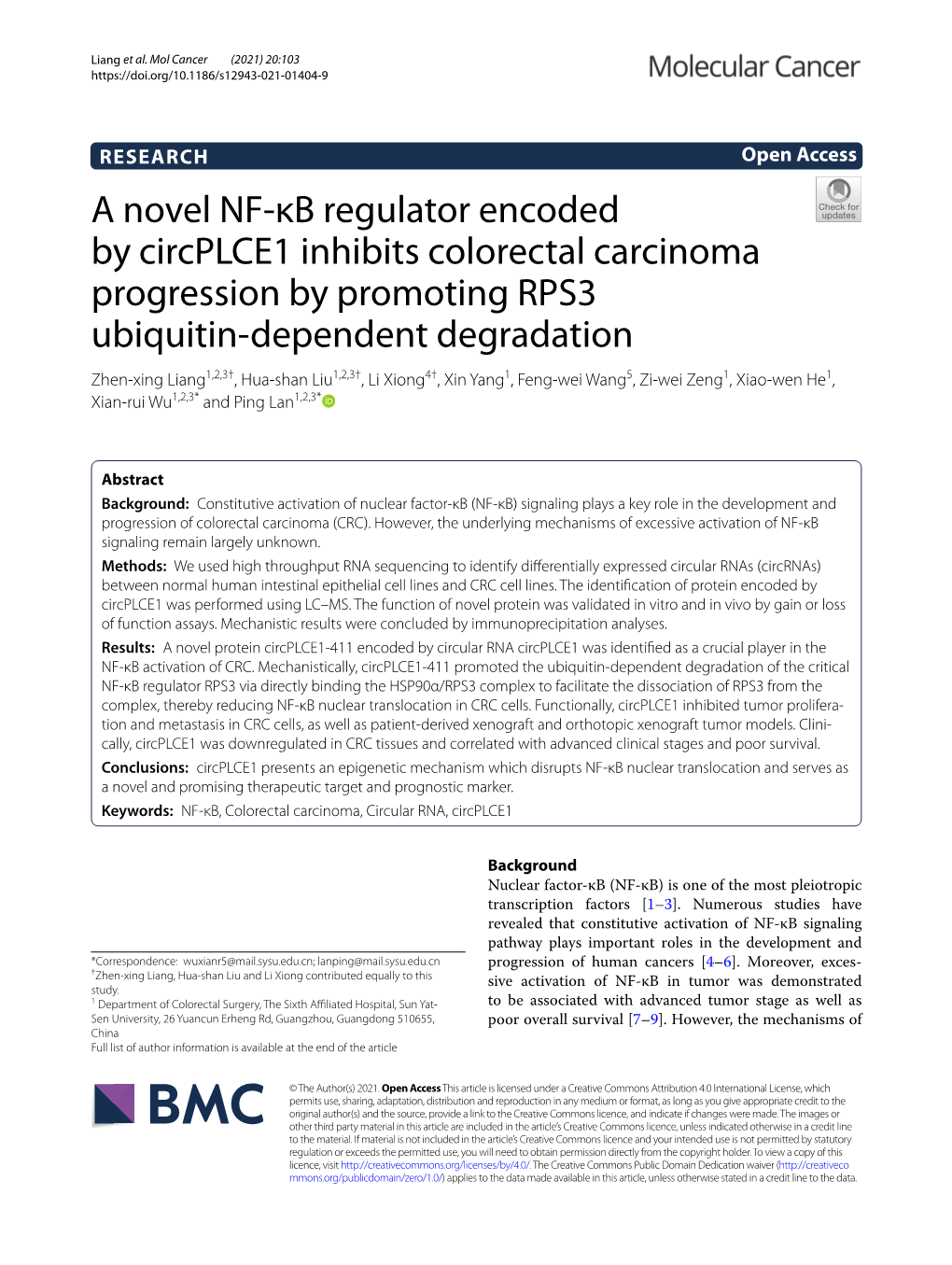 A Novel NF-Κb Regulator Encoded by Circplce1 Inhibits Colorectal