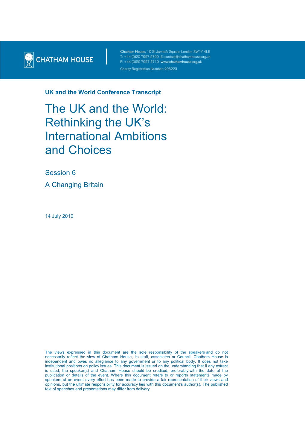 The UK and the World: Rethinking the UK's