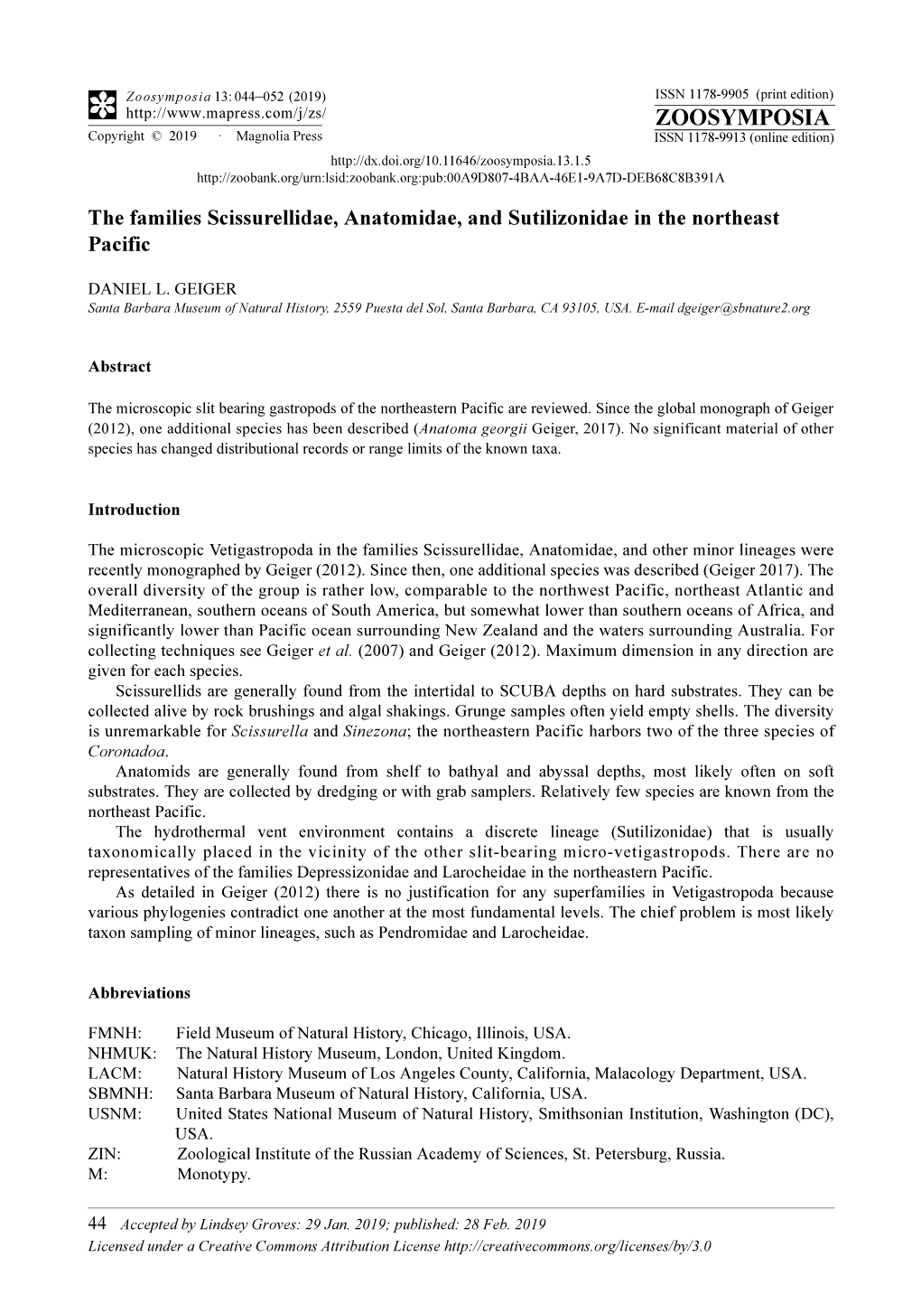 The Families Scissurellidae, Anatomidae, and Sutilizonidae in the Northeast Pacific