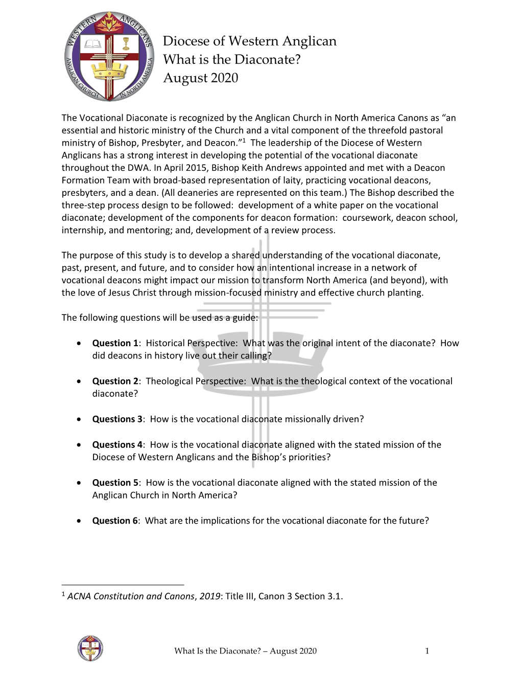 Diocese of Western Anglican What Is the Diaconate? August 2020