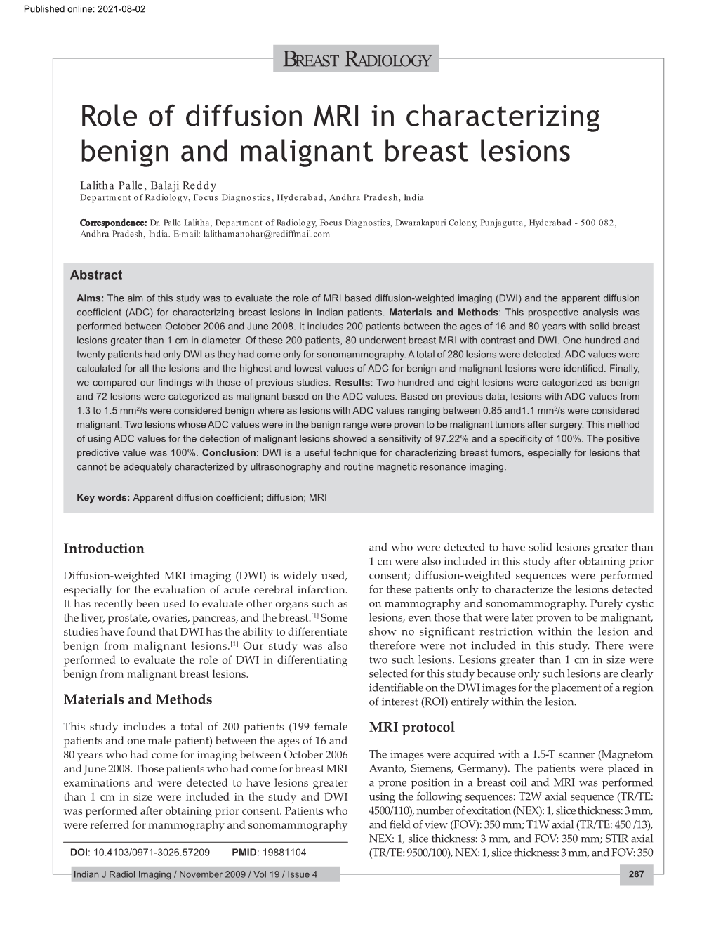 Role of Diffusion MRI in Characterizing Benign and Malignant Breast Lesions