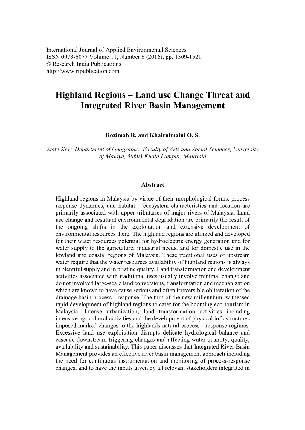 Highland Regions – Land Use Change Threat and Integrated River Basin Management