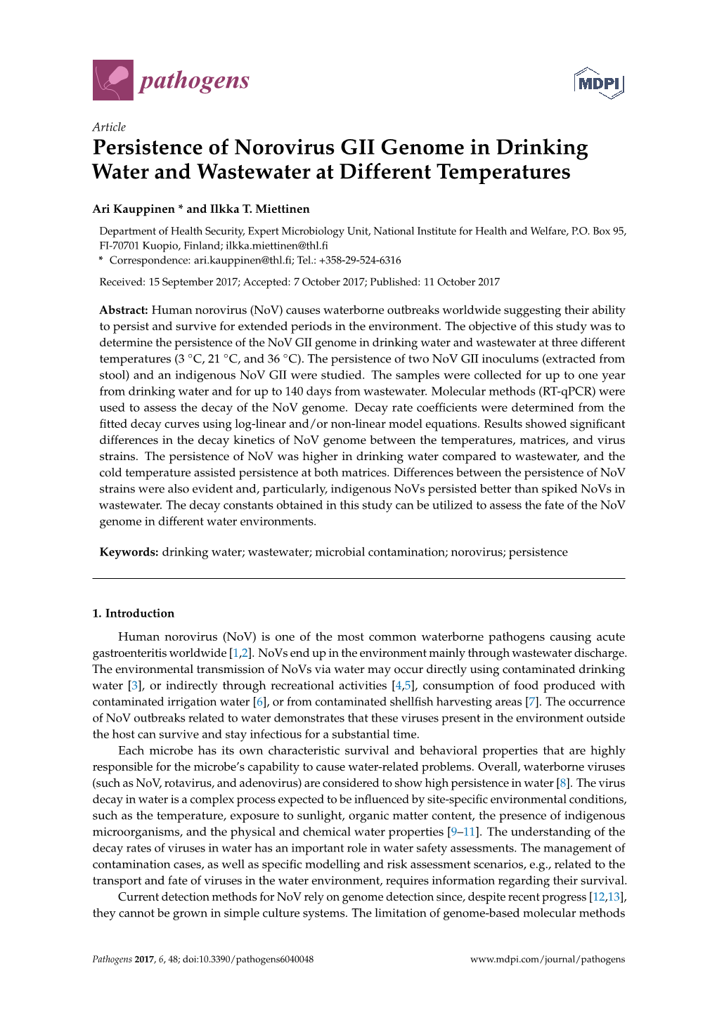 Persistence of Norovirus GII Genome in Drinking Water and Wastewater at Different Temperatures