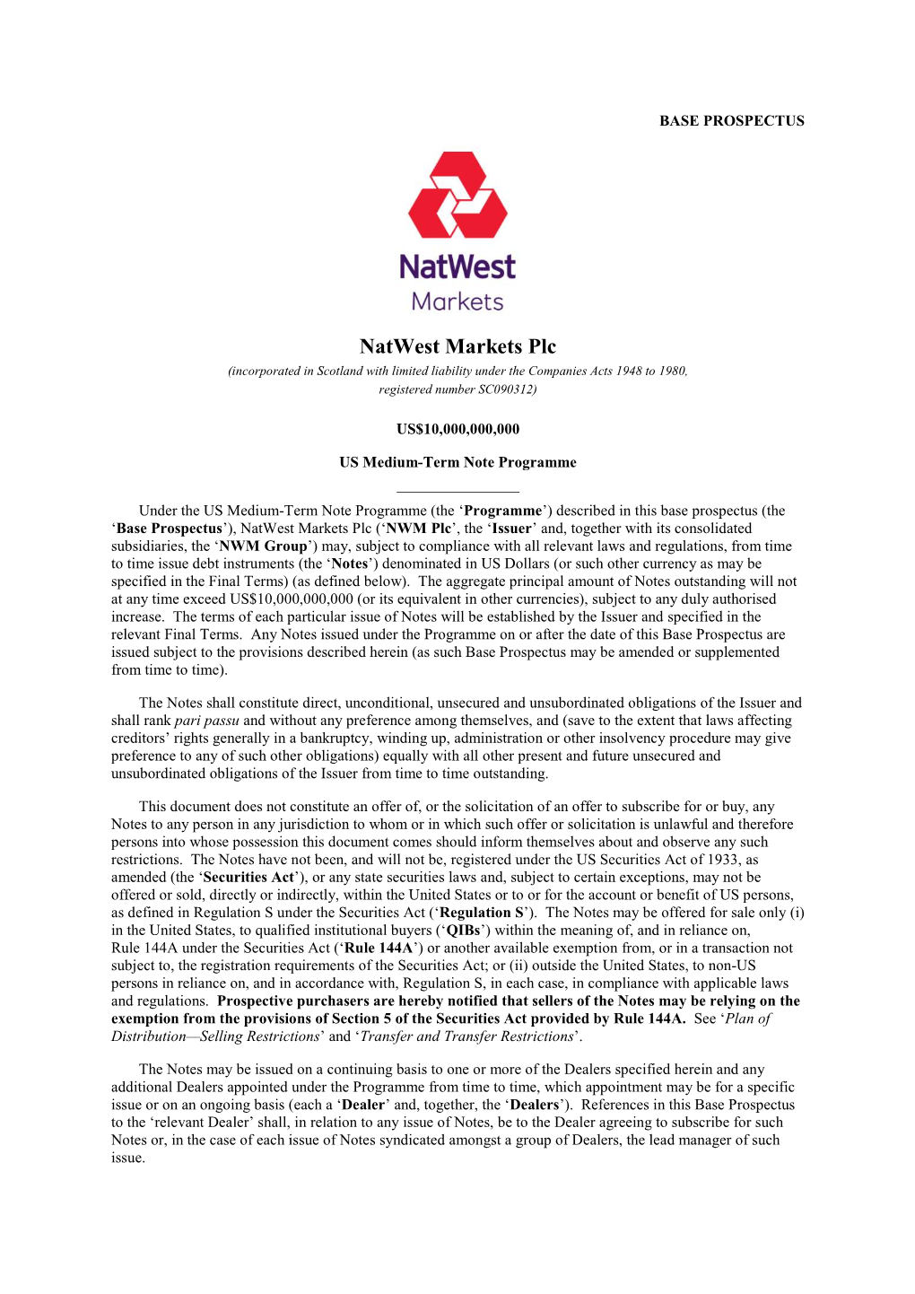 Natwest Markets Plc (Incorporated in Scotland with Limited Liability Under the Companies Acts 1948 to 1980, Registered Number SC090312)