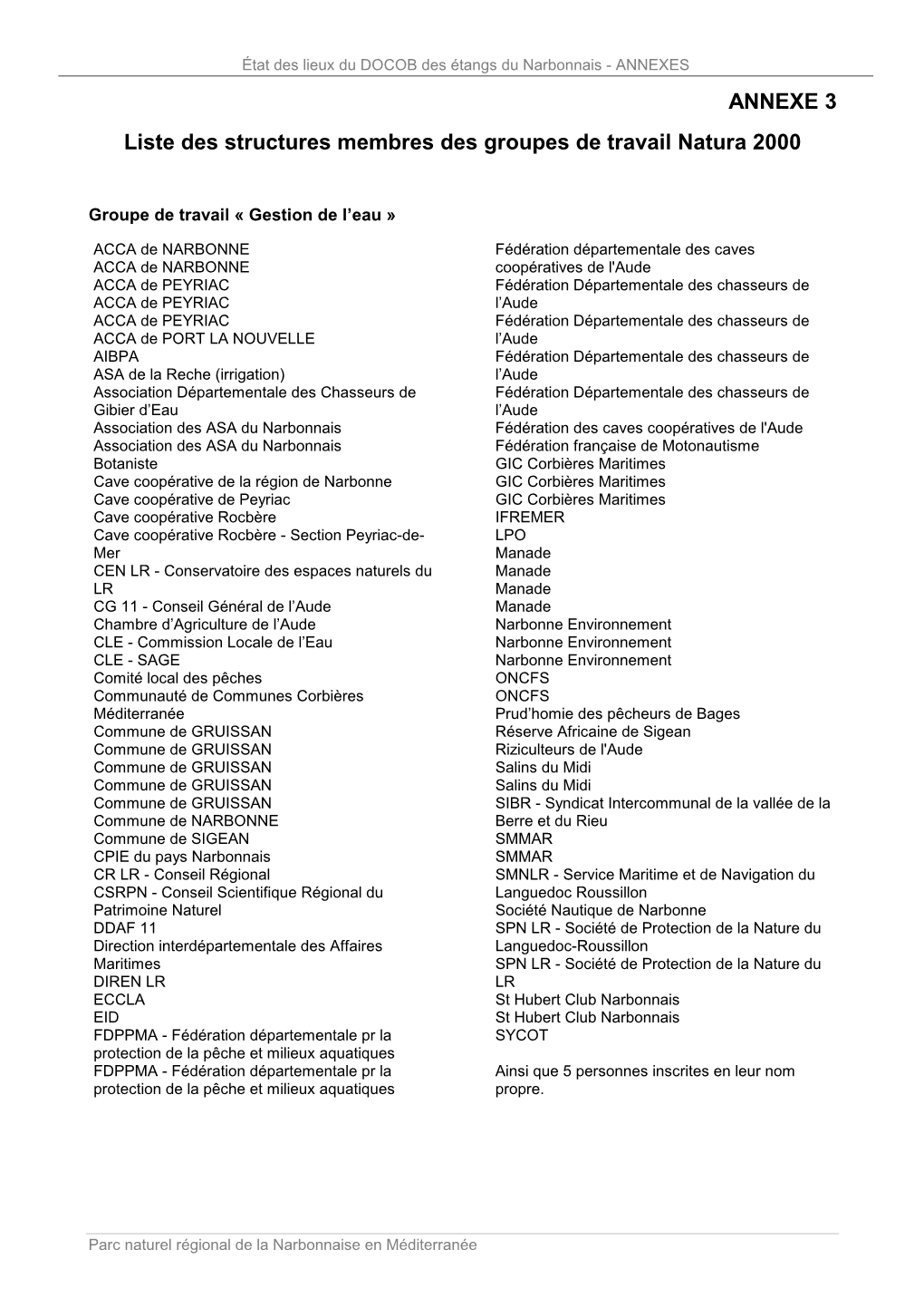 ANNEXE 3 Liste Des Structures Membres Des Groupes De Travail Natura 2000