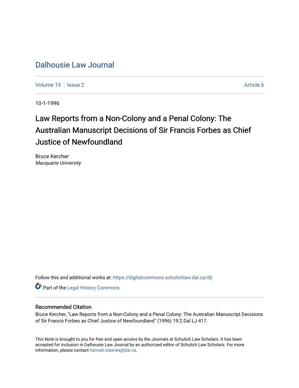 Law Reports from a Non-Colony and a Penal Colony: the Australian Manuscript Decisions of Sir Francis Forbes As Chief Justice of Newfoundland