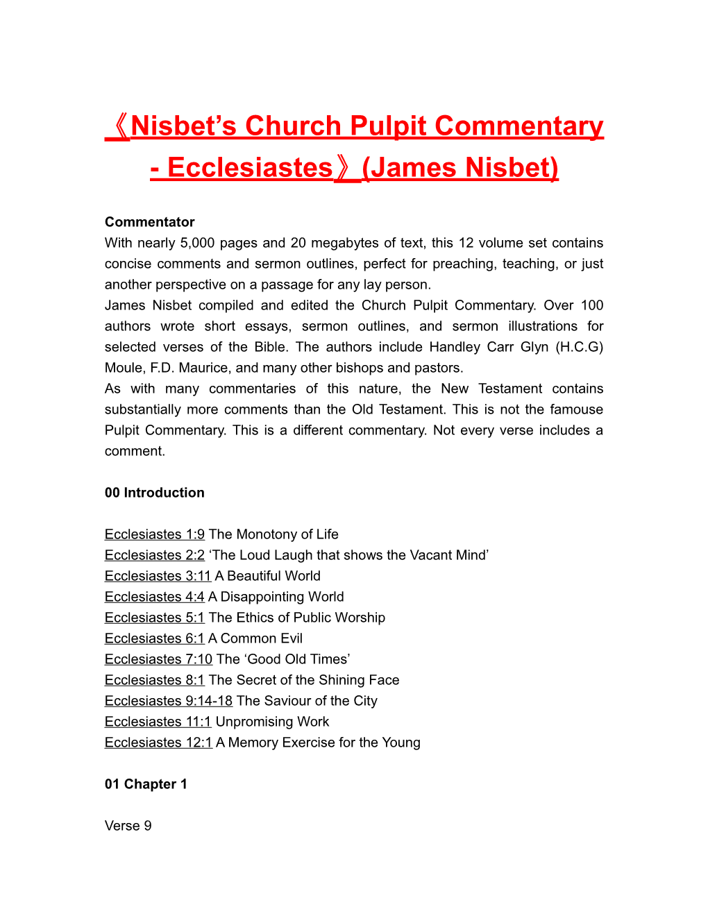 Nisbet S Church Pulpit Commentary - Ecclesiastes (James Nisbet)