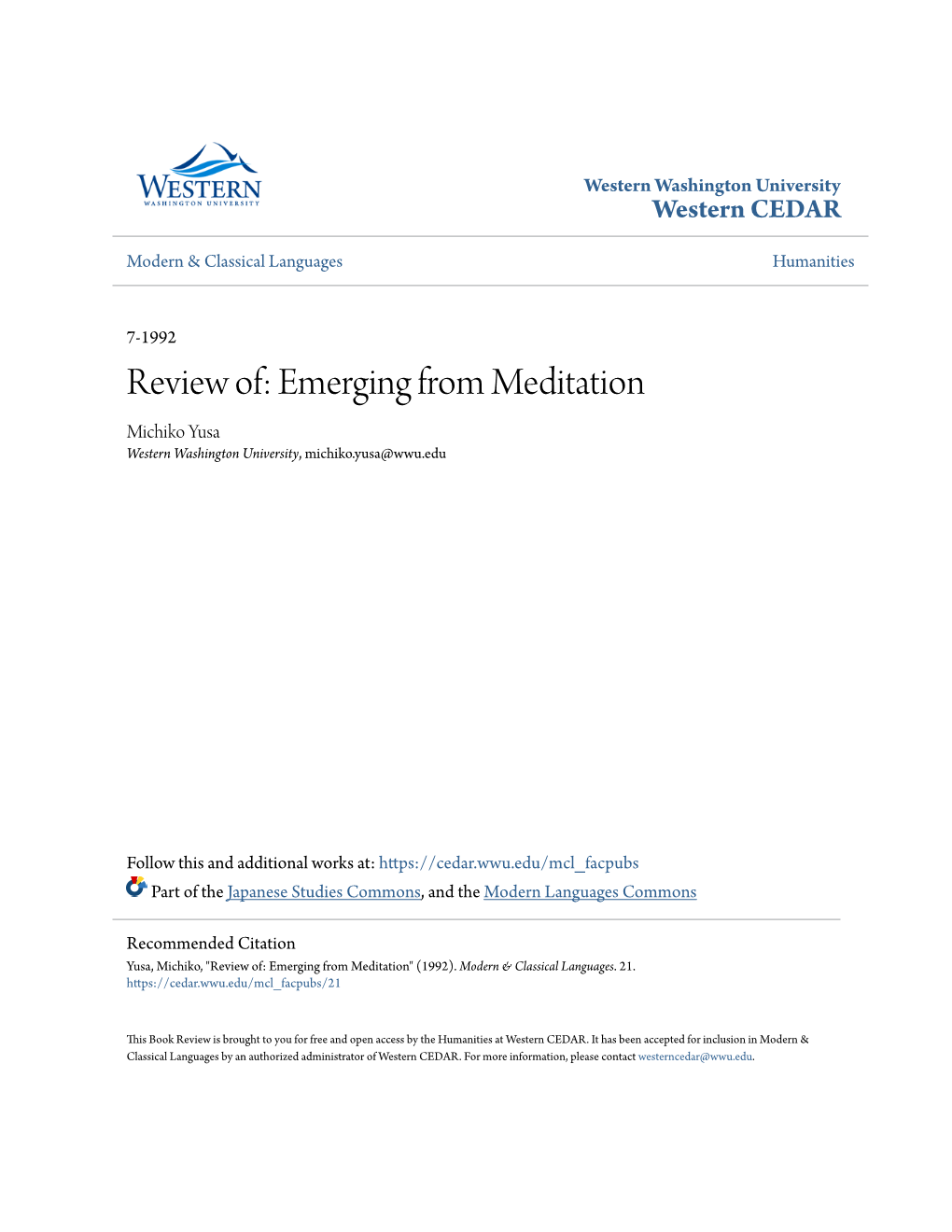 Review Of: Emerging from Meditation Michiko Yusa Western Washington University, Michiko.Yusa@Wwu.Edu