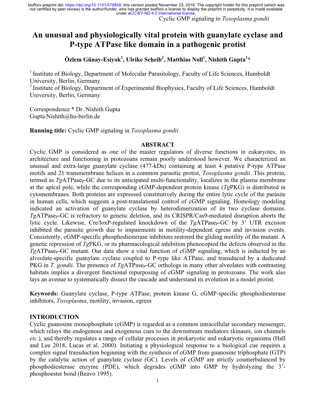 An Unusual and Physiologically Vital Protein with Guanylate Cyclase and P-Type Atpase Like Domain in a Pathogenic Protist