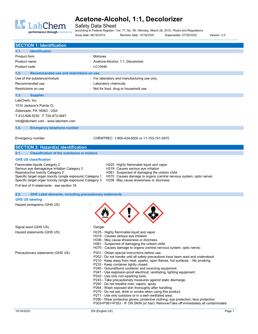 Acetone-Alcohol, 1:1, Decolorizer Safety Data Sheet According to Federal Register / Vol