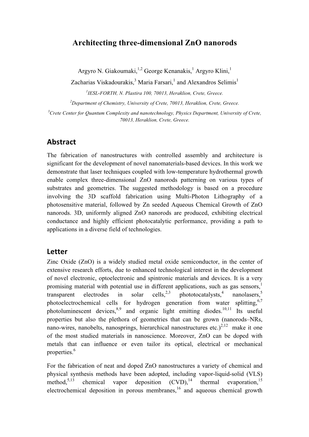 Architecting Three-Dimensional Zno Nanorods Abstract Letter