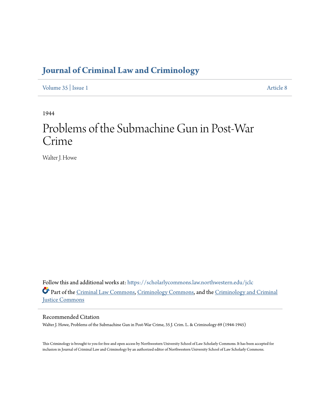 Problems of the Submachine Gun in Post-War Crime Walter J